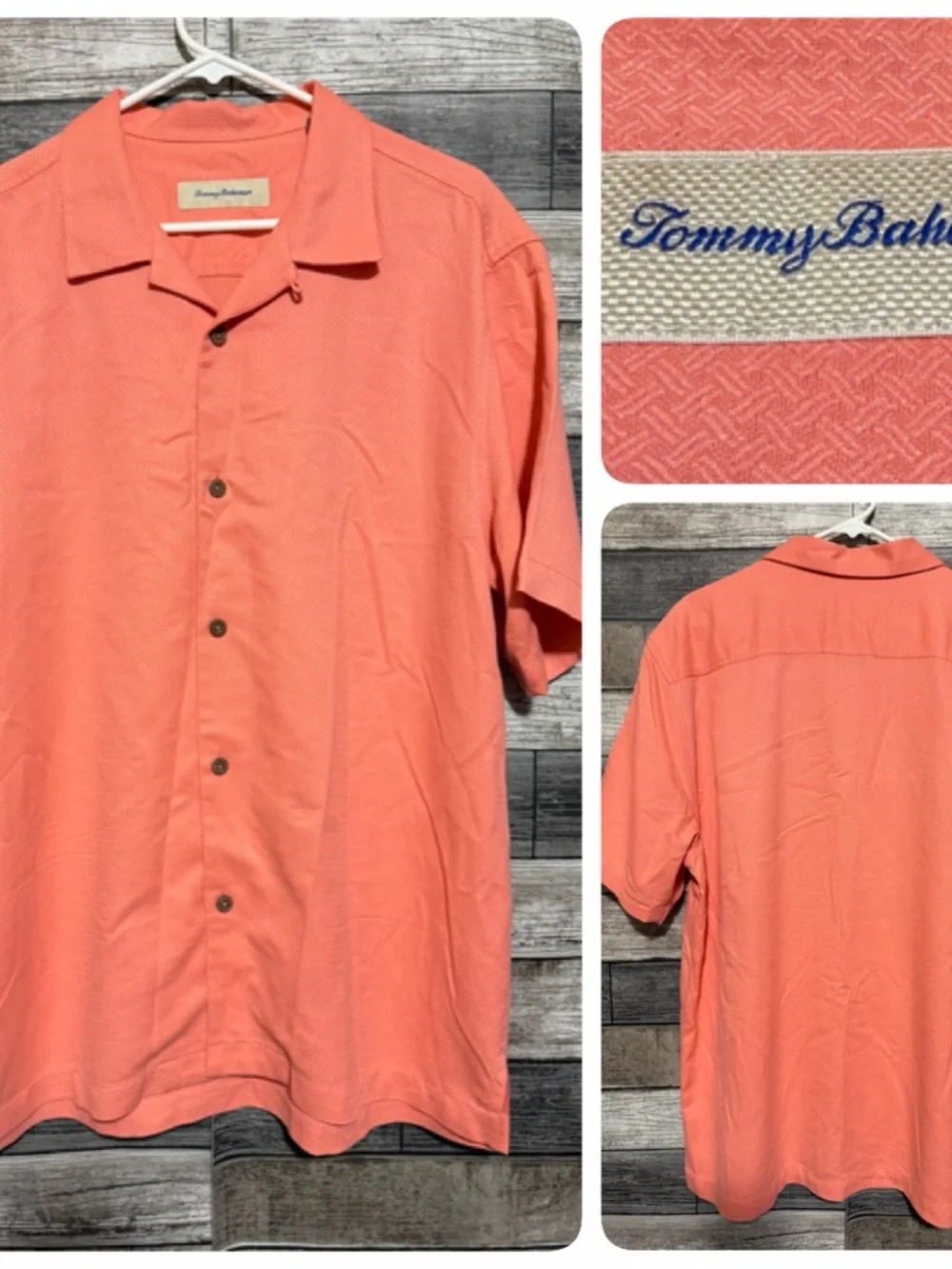Tommy Bahama Silk Rayon Patterned Button Up Shirt Men’s L Coral Short Sleeve